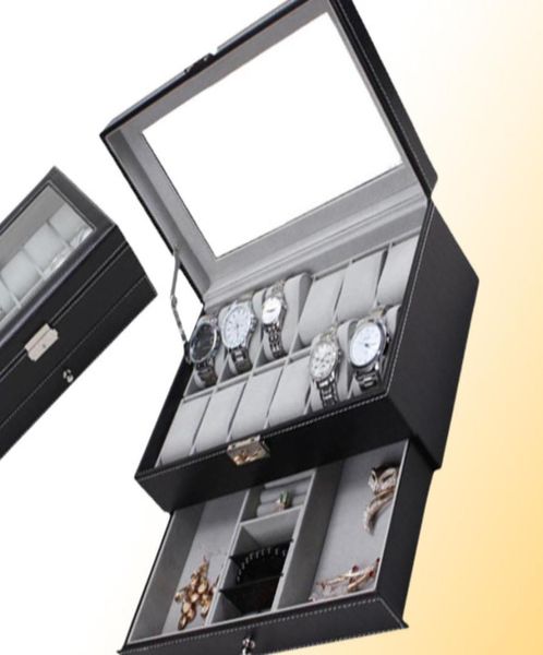 

new 12 grids slots double layers pu leather watch storage box professional watch case rings bracelet organizer box holder7200203, Black;blue