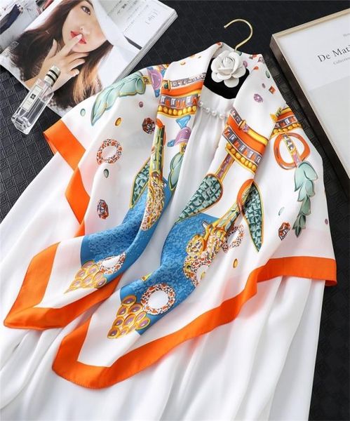 

twill satin versatile silk scarf female cartoon printed scarf sunscreen scarf available in four seasons 90 90 large square towel7914480, Blue;gray
