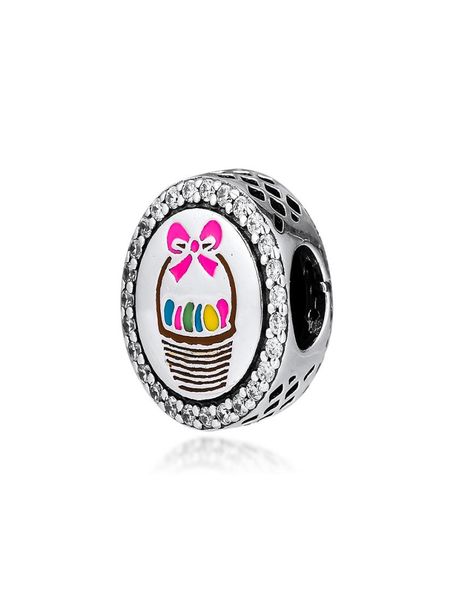 

925 sterling silver bead easter basket charm mixed enamel pendant bead fitting original bracelet women diy jewelry 820272, Bronze;silver
