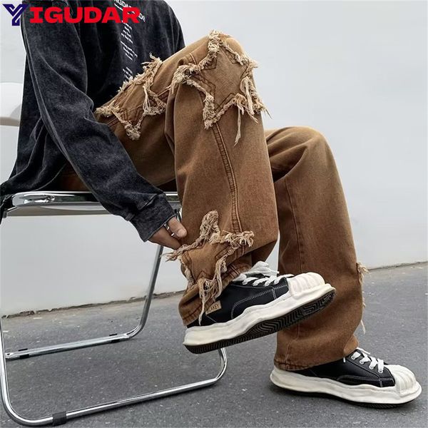 

men's jeans fashion stars towel embroidery brown baggy men jeans pants y2k clothes straight hip hop cotton trousers pantalon homme 2309, Blue
