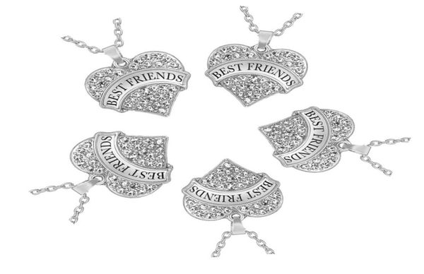 

set of 5 silver tone crystal rhinestone crystal friends heart pendant bff necklace for five girls sand flower jewelry1778036