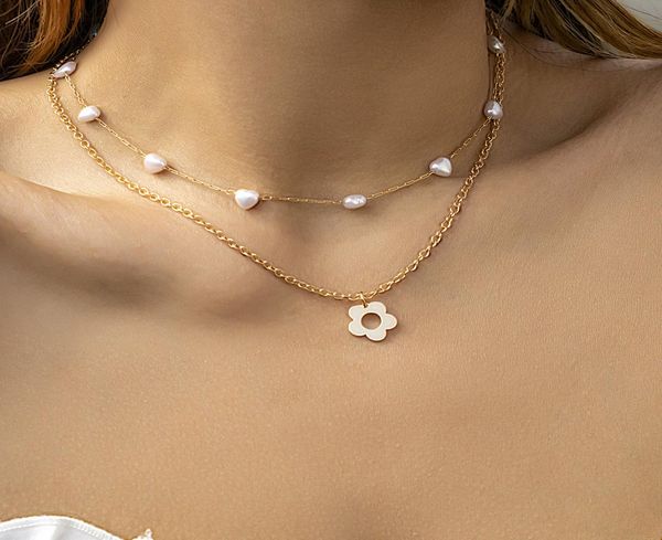 

jewelry designer necklace woman simple temperament flower double layered clavicle chain creative imitation pearl sweet cool4915129, Silver