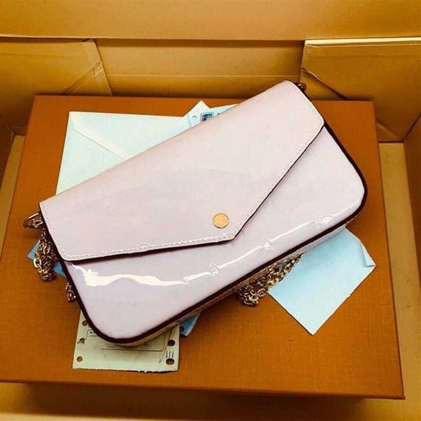

felicie pochette designer purse glossy mono embossed vernis patent calf leather shoulder bag chain adaptable envelope pouch with b275l