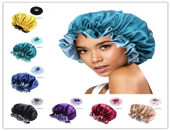 

new silk night cap hat double side wear women head cover sleep cap satin bonnet for beautiful hair wake up perfect factory 5890713, Blue;gray
