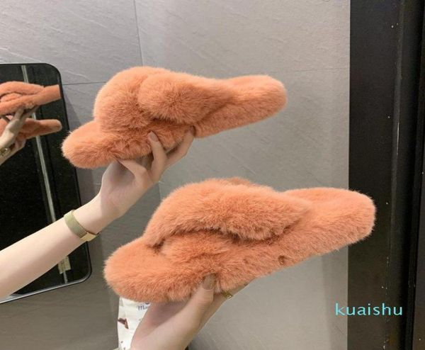 

slippers 2021 fluffy fur shoes women real flip flop flat furry slides outdoor plush sandals woman mujer1694260, Black