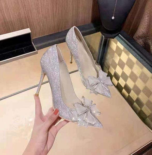 

2021 single shoe women039s versatile pointed fairy wind bowknot baotou diamond thin heel crystal bridesmaid shoes high4704305, Black