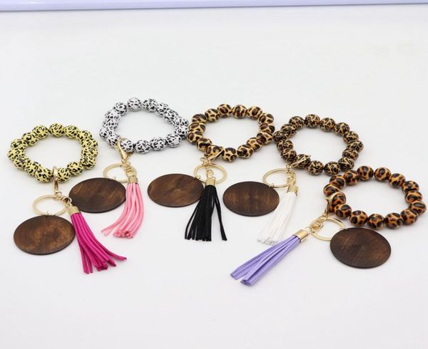 

5 styles leopard wooden bracelet keychain with tassels diy woodwooden fiber pandent wood bead bangle key decorate fashion lla6843108110, Silver