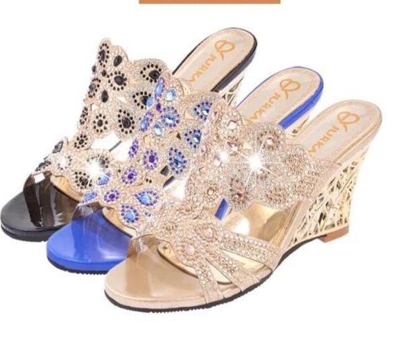

2018 summer women rhinestone wedges sandals slingbacks open toe woman sandels shoes cut out heel flowers ladies party shoes3893373, Black