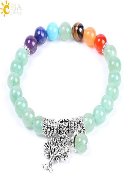 

csja 8mm natural stone green aventurine rainbow 7 chakra beads yoga bracelets sell healing bangles tree of life women men je9811964, Black