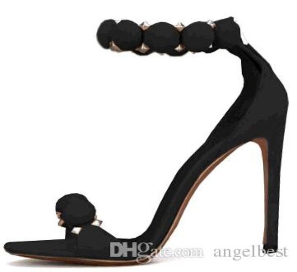 

new 2019 nubuck leather tstrap studs high heel sandals suede women elegant dress shoes ankle wrap studded sandals big size 427038314, Black