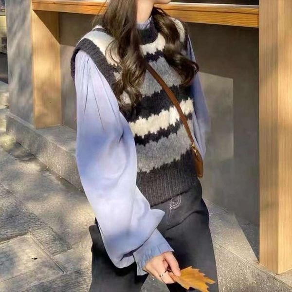 

colored striped knit vest for women autumn preppy style loose, Black;white