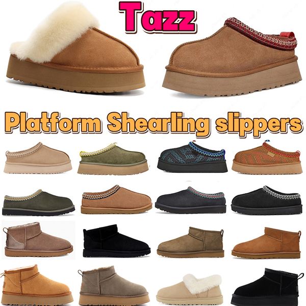

tazz slippers tasman fur slides mustard seed classic ultra mini platform boot suede shearling disquette slipper men women shoes ankle mules, Black