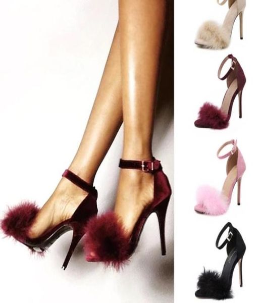 

women sandals candy color luxury rabbit fur high heel 11cm sandals slippers femme evening party women shoes 35432313281, Black