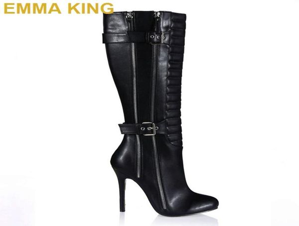 

2019 winter black leather boots round toe stiletto heel women knee high boots zip buckle ladies high heels botas5417902
