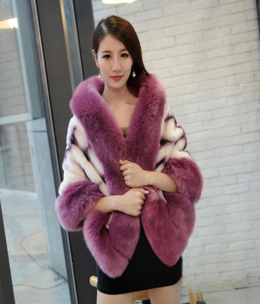 

whole2016 new fashion faux poncho with fake fox fur collar trim women selling imitation fur capes wraps warmer shawls3868389, Blue;gray