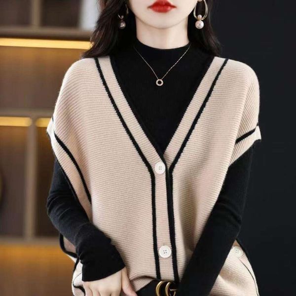

spring autumn winter vest womens v neck color match sleeveless sweater korean version of loose and versatile, Black;white