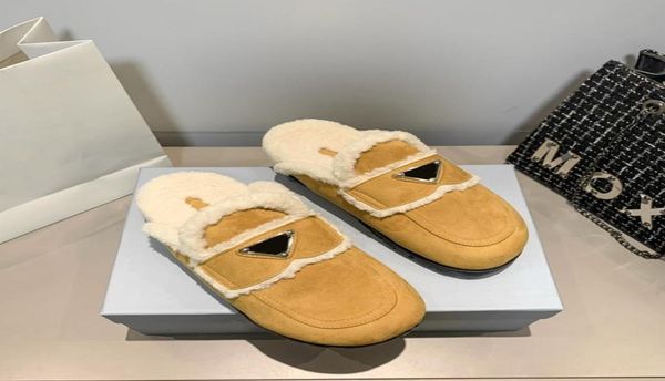 

inverted triangle womens fur slippers mule women black brown round toe winter warm sandal slides female flat mules shoes half slip5069055