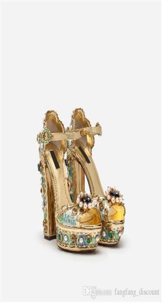 

19 summer women super heel chunky heel rhinestone new printing beading waterproof platform sandals wedding shoes party ladies4278749, Black