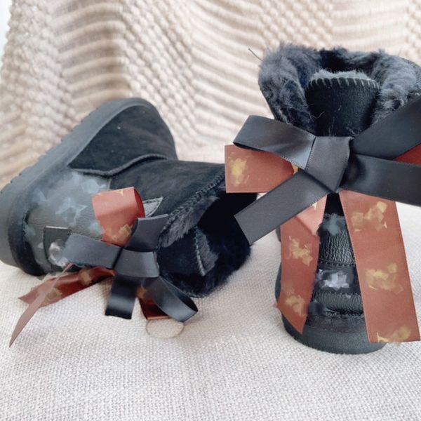 

plus size men australia designer snow boots womens uggli suede ribbon mini bailey wool warm ankle boot fur plush winter fall cotton shoes fo, Black