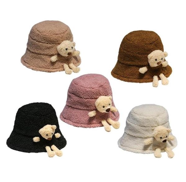 

korean style women winter fluffy plush warm bucket hat cute 3d stuffed teddy bear wide brim harajuku outdoor panama fisherman ca1028929, Blue;gray