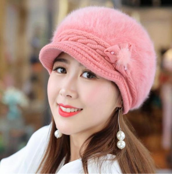 

fashion women hat female winter hat floral pearl rabbit fur knitted hats for woman keep warm winter visor beanie hat76415062675537, Blue;gray