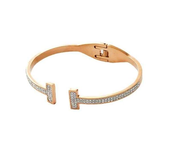 

luxury brand double t shape cuff bracelets for women men charm glue rhinestone stainless steel bangles friend jewelry gift5803636, Golden;silver