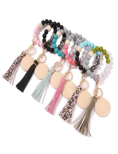 

keychains womens keyrings wood blank disc wristlet key ring holder silicone bead tassel bracelet bangle keychain2967564, Silver