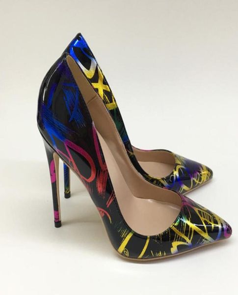 

graffiti shoes the new spring 2020 color 12 cm high heels women pointed with shallow thin mouth single shoes banquet4626050, Black