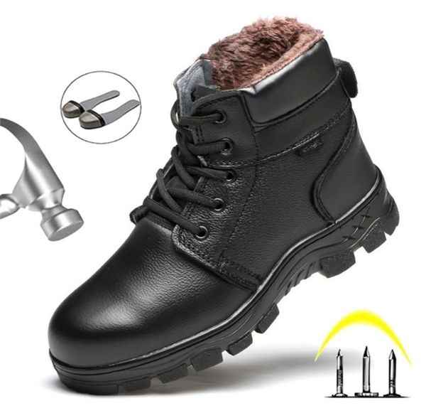 

boots winter men steel toe cap safety work shoes punctureproof plush warm 2210071459801, Black