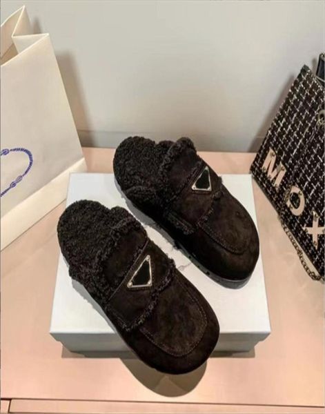 

mule sandal flat shoes flats slippers casual shoe winter warm slipper women home indoor fur furry triangle snow wool ladies outdoo2968675, Black