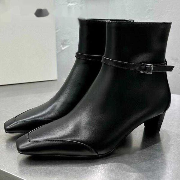 

boots women square toe chelsea genuine leather buckle strap decor ladies ankle short fashion mujer, Black