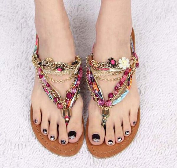 

bohemian beaded sandals handmade gold chain metal flowers flat rhinestone thong sandals sweet colorful roman gladiators shoes8774851, Black