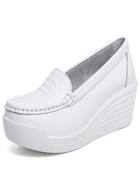 

women white nursing shoes comfortable slip on vulcanize shoes breathable lady walking shoes nurse work wedge leather loafers 210329067367, Black;white