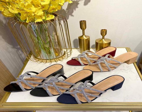 

diamond bowtie open toe women slippers square heels woman luxurious summer sandals slides ladies shoes champagne zapatos mujer8574225, Black