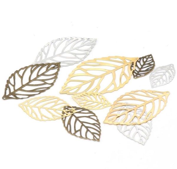 

100pcs craft hollow leaves pendant gold charm filigree jewelry making plated vintage diy necklace silver1312184, Silver