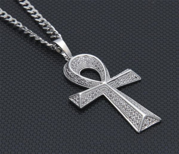 

iced out zircon ankh key pendant golden jewelry cz cross egyptian key of life pendant hip hop necklace for men women7140770, Silver