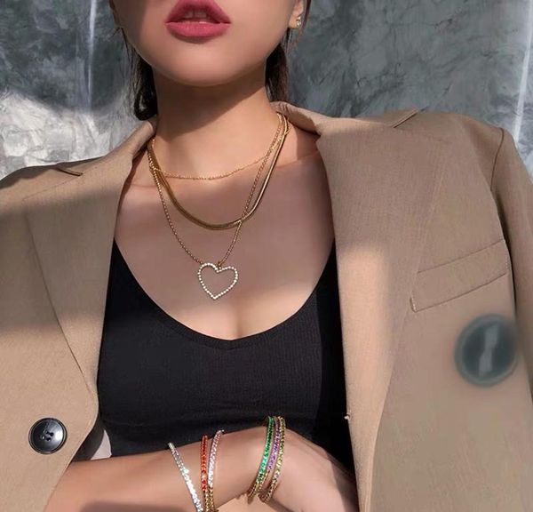 

women big heart necklace vintage multi chains chokers necklaces for women punk jewelry crystal heart pendant necklace gold necklac9104999, Golden;silver