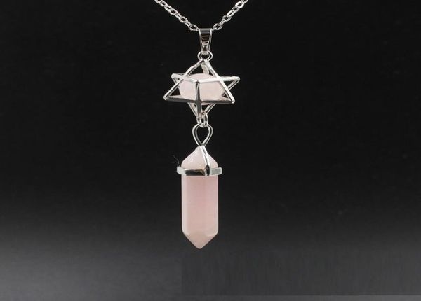 

new merkaba hexagon prism stones turquoise pink quartz charms pendant necklace for women men gift accessories2270899, Silver