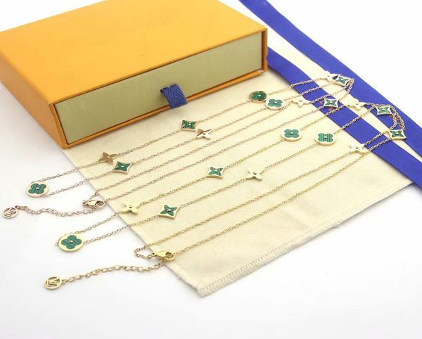 

new arrive fashion lady titanium steel v letter 18k plated gold long necklaces with 11pcs malachite four leaf flower pendant 2 col2593556, Silver