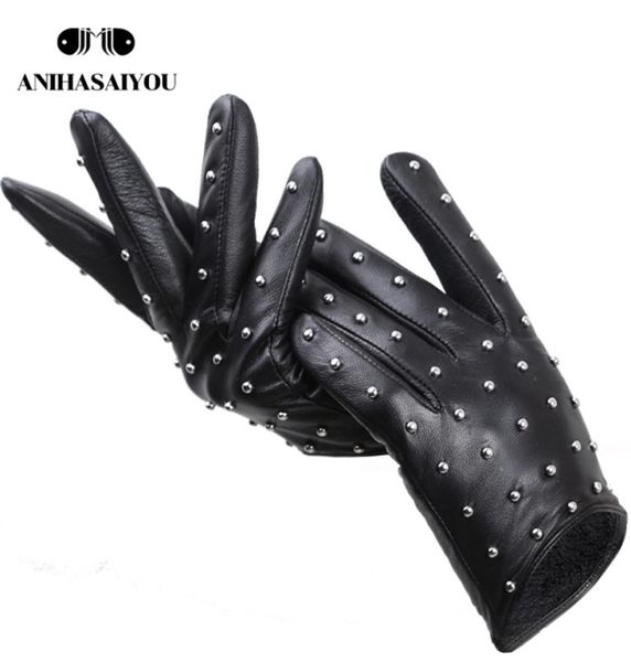 

five fingers gloves rivets genuine leather sheepskin women039s gloves thin warm women039s winter gloves driving motorcycle w4711848, Blue;gray