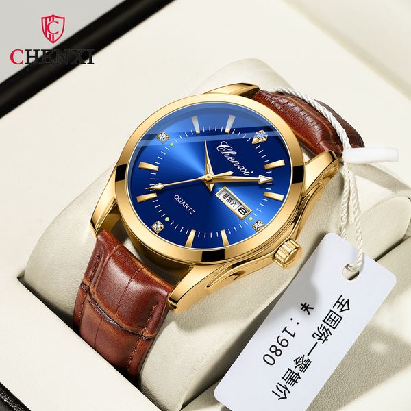 

wristwatches chenxi 022 double calendar business waterproof belt quartz watch mens genuine direct selling montre hommes 230905, Slivery;brown