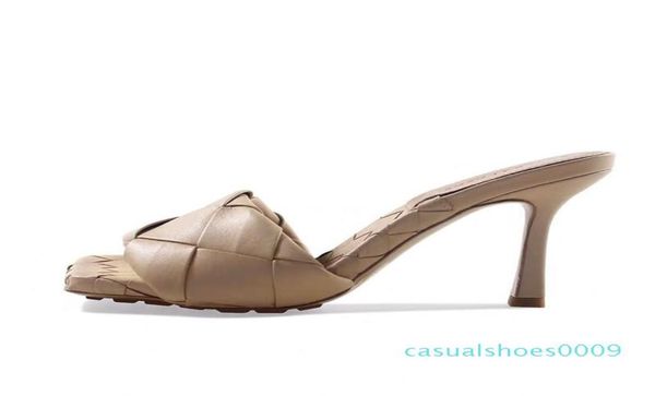 

casual weaving high heel sandals women summer designer wedding party shoes women sqeare toe vintage runway mules slippers c091807075, Black