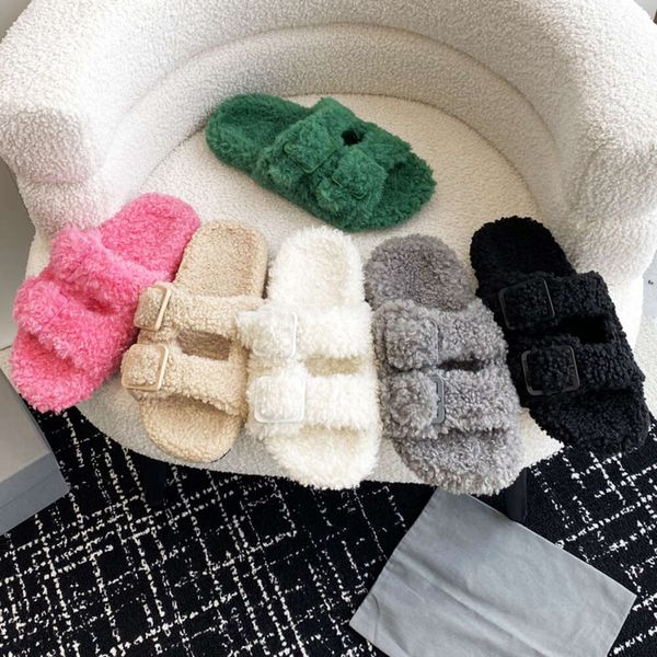 

designer women fur sandals wool embroidery winter slippers rubber autumn warm snow slides eu 35-41 with box no470, Black