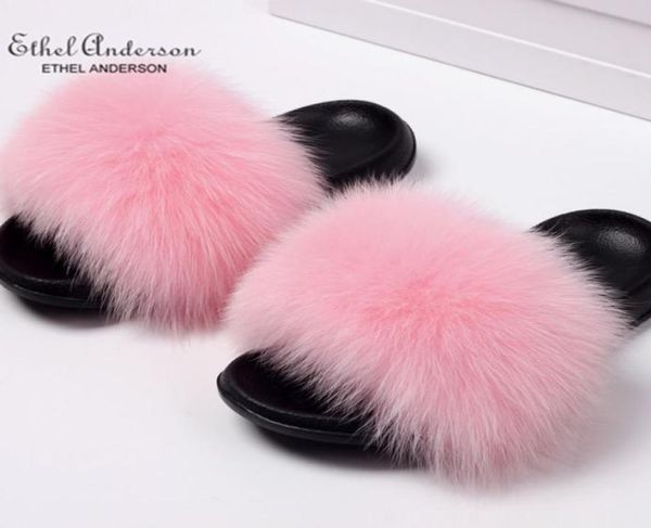 

ethel anderson real fox raccoon fur slippers slides lady retro summer flip flops casual fluffy fur sandals plush shoes lj2009035393491, Black