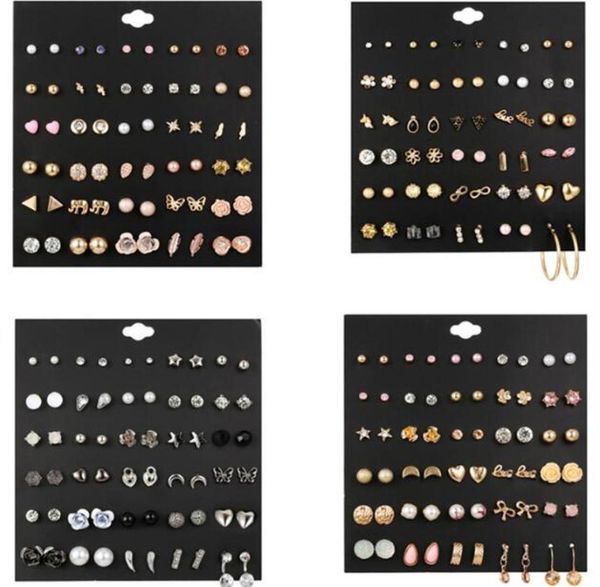 

thousands styles ins 30pairs of earrings set heart flowers infinite symbol stud earrings rhinestone imitation pearl earrings for w1804586, Golden;silver