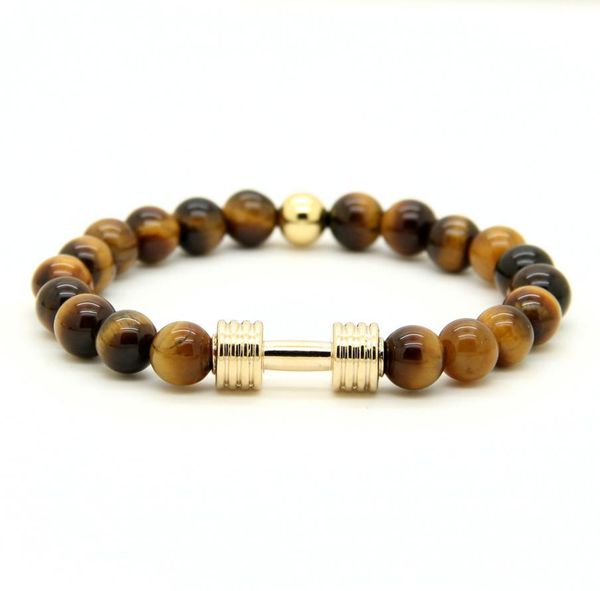 

1pcs real gold plated metal bracelet new barbell 8mm grey picture jasper a grade tiger stone beads fitness fashion dumbbell4689947, Golden;silver