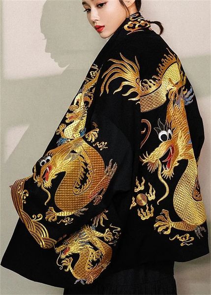 

italian black dragon embroideried oversized cotton cardigan fall, Black;brown