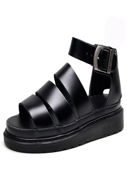 

new real leather women opentoed roman designer sandals black martin flat heel casual sandals summer shoes with buckle size 35448136249