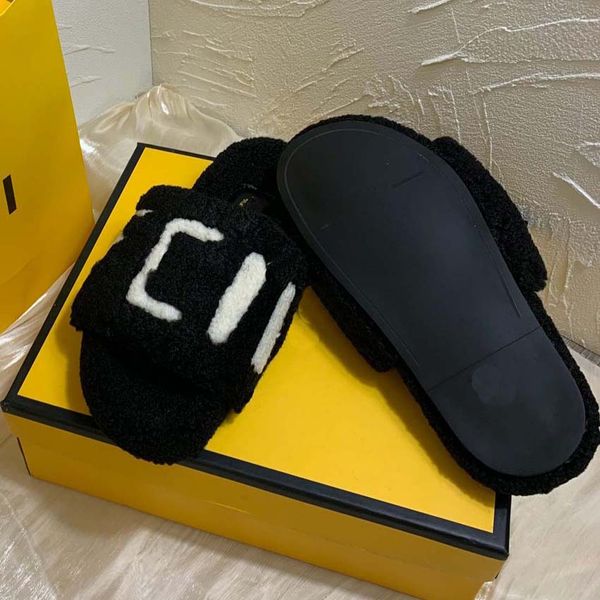 

designer slippers ladies slippers brand winter wool slippers furry warm alphabet sandals comfortable plush girls flip flop slippers large, Black