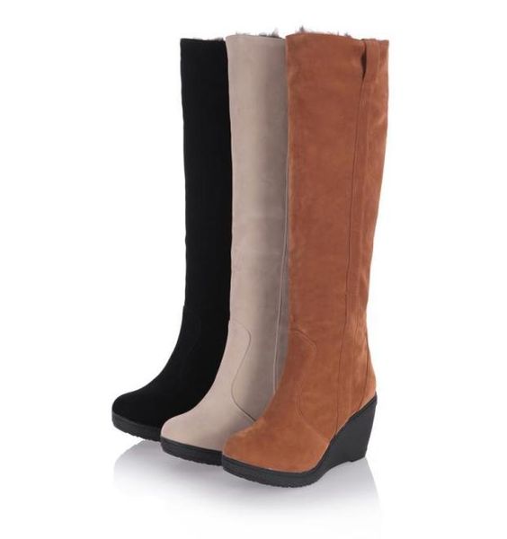 

winter 3 styles fur boots ladies high heels platform knee high snow boots women 2019 warm fur wedge shoes woman3051236, Black